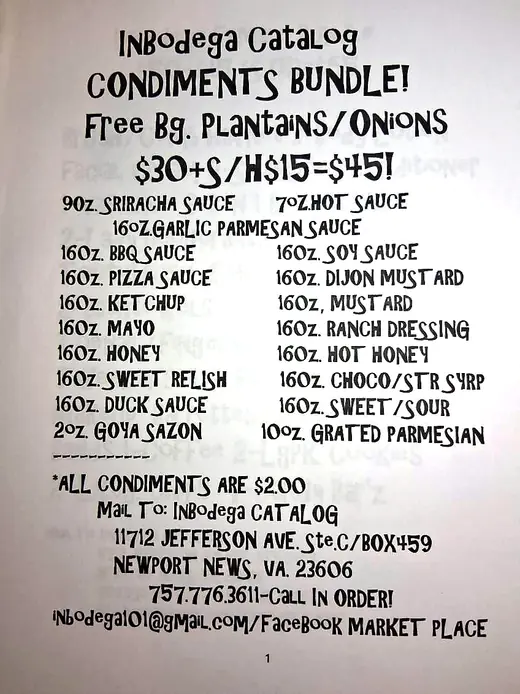 Photo of the Condiments Bundle page: $30 plus $15 S/H equals $45, with a free bag of plantains/onions and a list of 19 condiments.