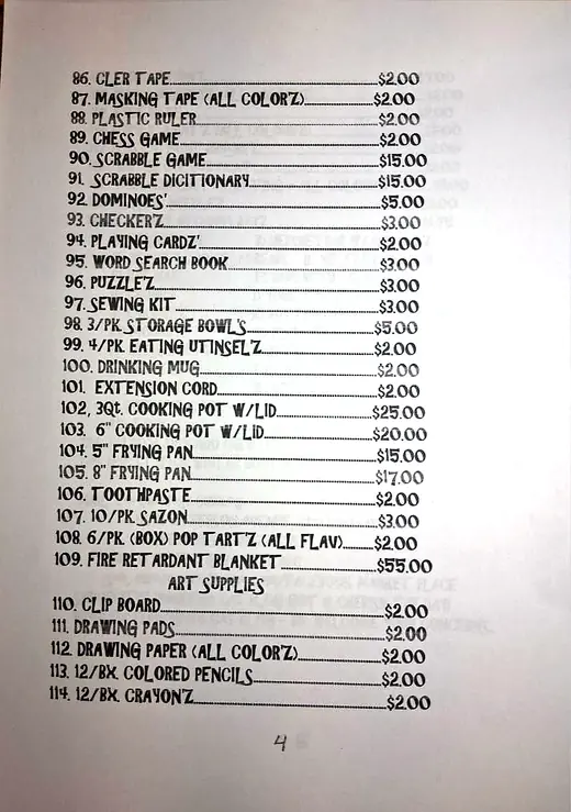 Photo of page 4 of the paper catalog: items 86 to 114, office supplies, games, kitchen items and the start of the art supplies.