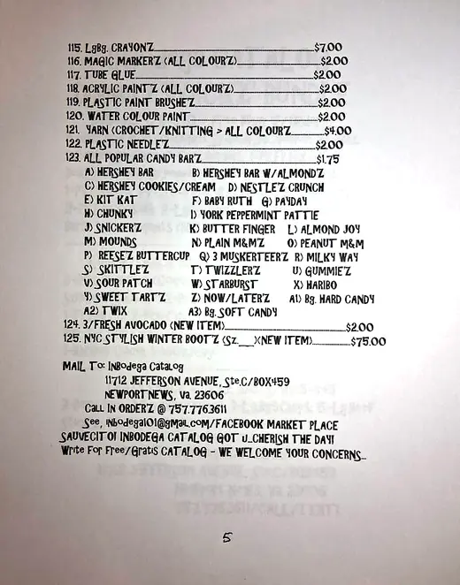 Page 5 of the paper catalog: art supplies, the candy bar list from A to A3, new items 124 and 125, the mailing address and the sign-off.